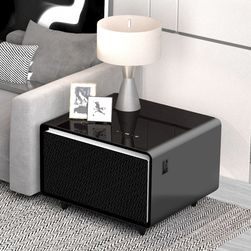 Black High Gloss Smart End Table with Fridge Drawer and Charging Station