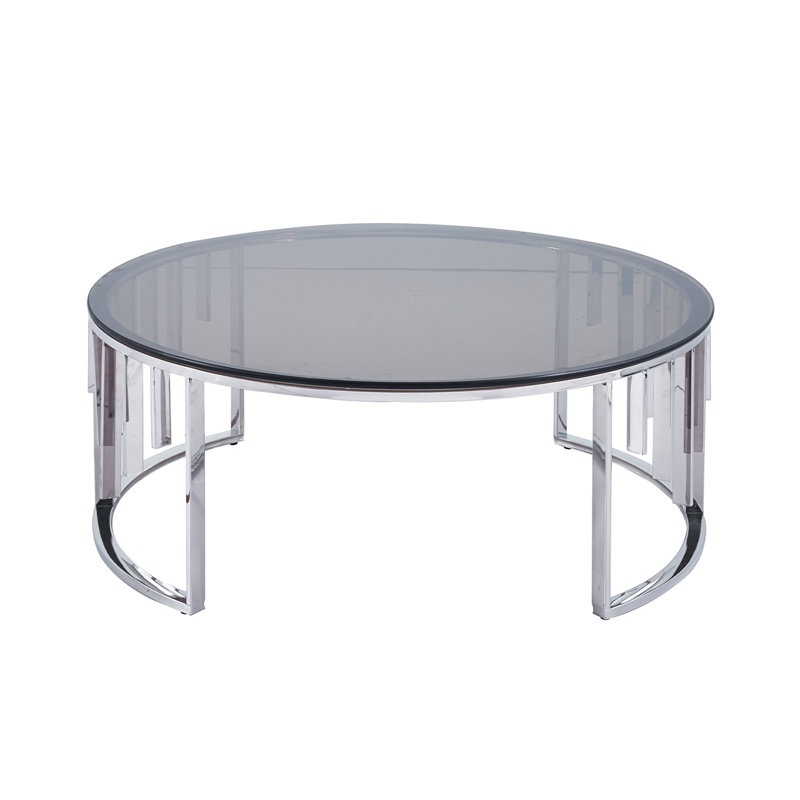 97cm Round Metal Coffee Table for Living Room, Centre Table with Tempered Glass Top, Black, Silver