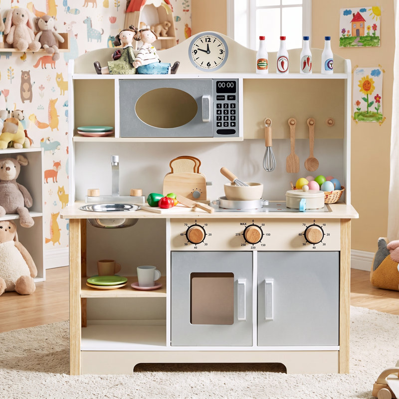 Ensemble de jeu de cuisine en bois massif pour enfants, jouet de cuisine réaliste pour tout-petit avec four, cuisinière et évier en métal amovible, jouet de cuisine interactif pour garçons et filles de 3 ans et plus