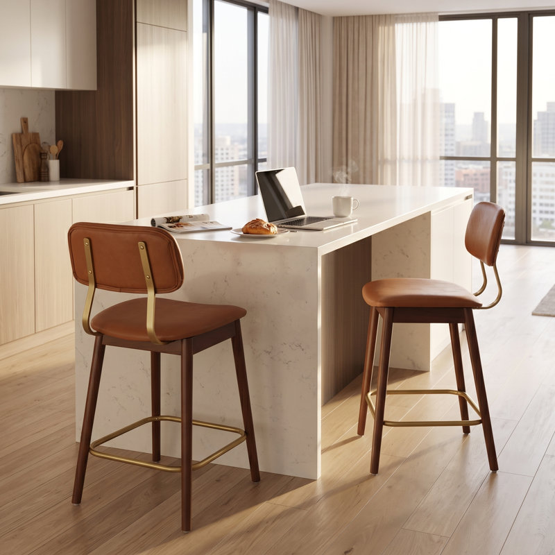Ensemble de 2 tabourets de bar de 66 cm (26 po) de hauteur comptoir, tabourets de cuisine modernes en bois massif avec dossier, style milieu du siècle, revêtement en similicuir brun
