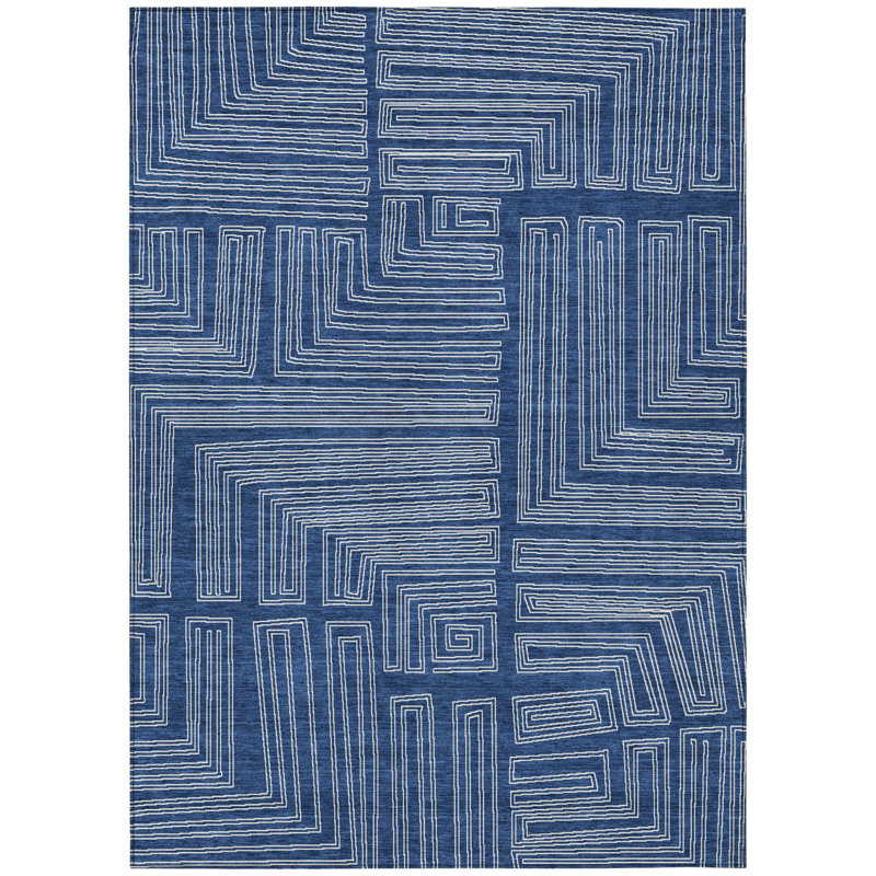 Tapis géométrique lavable intérieur / extérieur 5 pi x 8 pi bleu marine