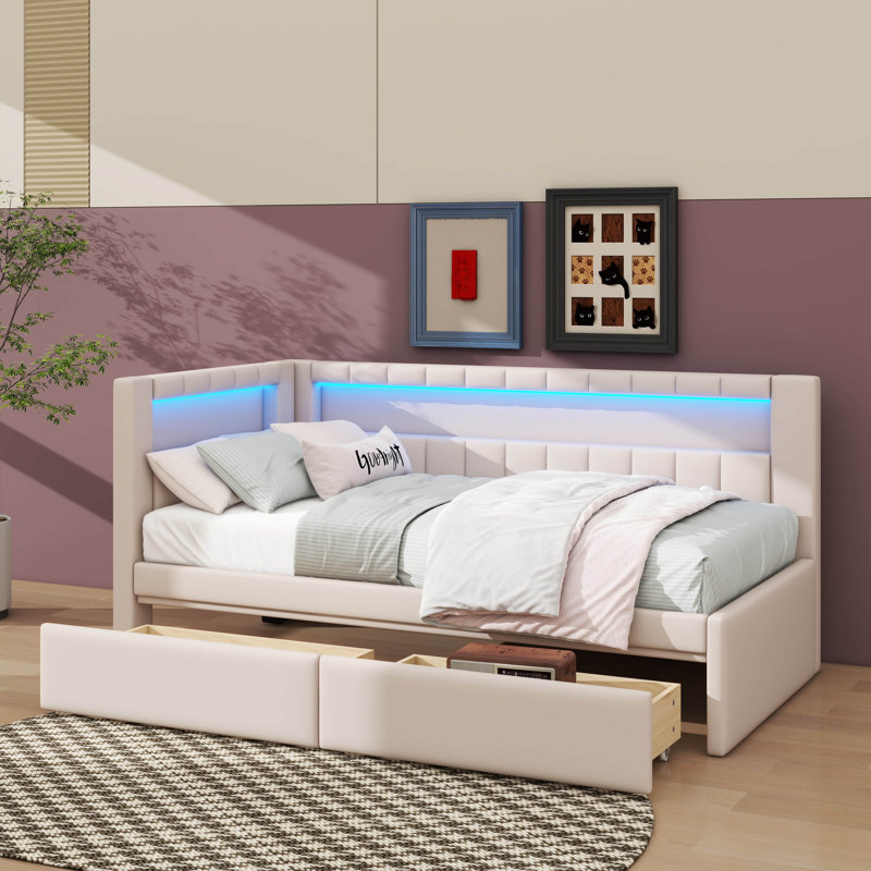 Lit plateforme simple entièrement rembourré avec ports USB, éclairage à DEL et tiroirs intégrés, Blanc