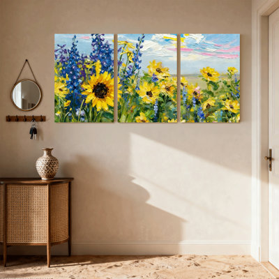 Assortiment de bouquets de tournesols avec fleurs bleues, ensemble de 3 toiles