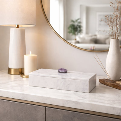 Decorative Marble Box With Agate Knob For Home Decor - Functional Jewelry Box With Lid, Keepsake Storage, And Organizer Box For Bedroom - 14", White