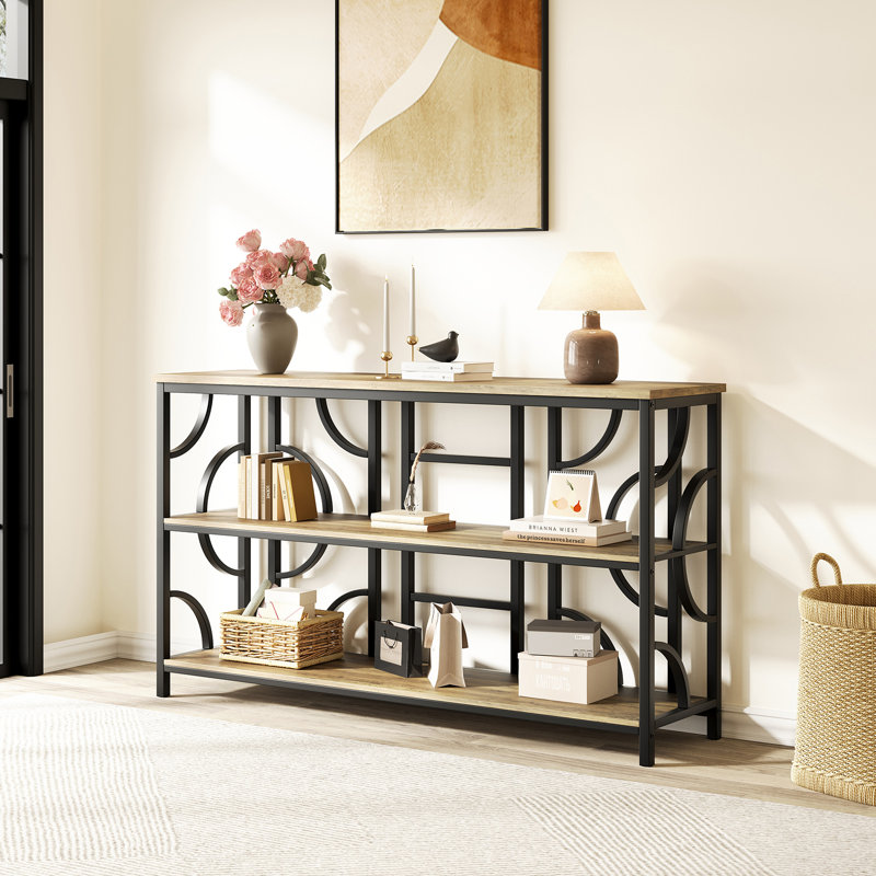 Table de canapé industrielle de 55 po, console de rangement à 3 niveaux avec design géométrique unique, table d'appoint derrière le canapé pour l'entrée, le salon, le vestibule, le couloir, le bureau - brun rustique