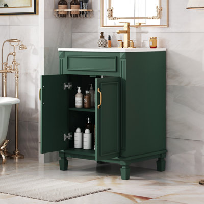 Meuble-lavabo de 24 pouces, structure en bois massif, charnières, planches, lavabo en céramique brillante, 2 portes, tablette réglable, style rétro avec poignée en métal exquis pour rangement moderne et rangement