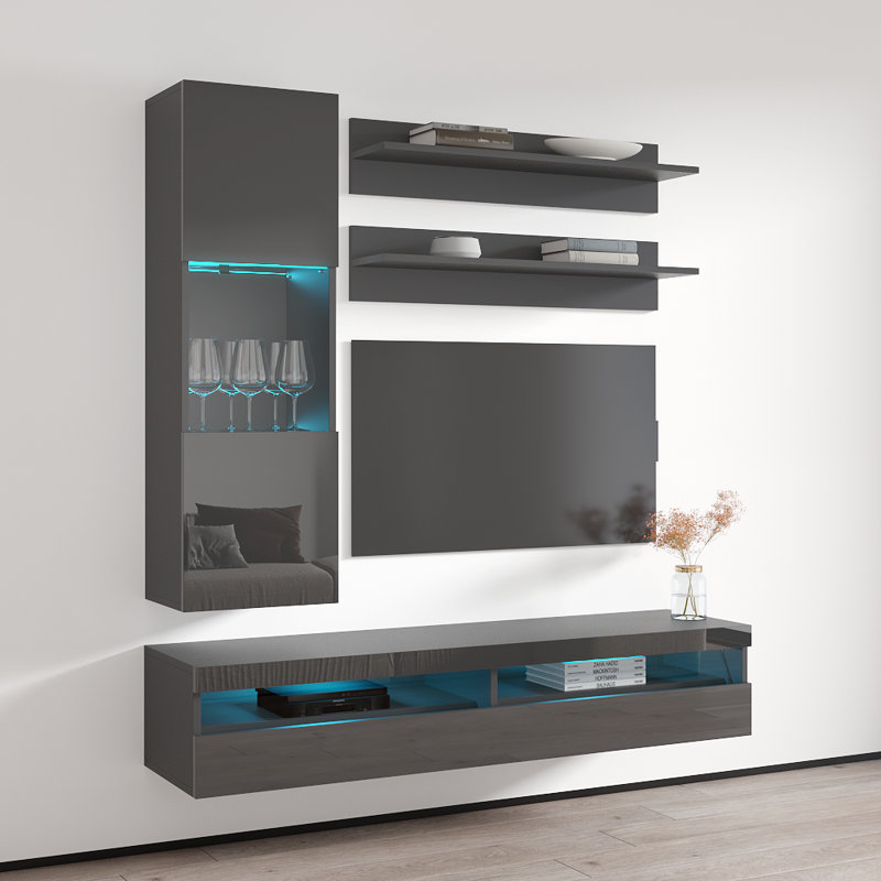 Lineville 63" Modern Floating Wall Mounted Entertainment Center with 16-Color LED Lighting, High Gloss Finish, Gray