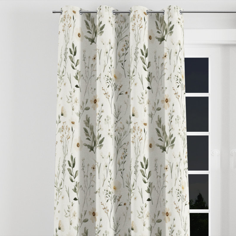 Country Farmhouse Window curtains - Sage Meadow Soft Botanical Grommet Curtain - 1 Panel, 52" W x 95" L, Silver Grommets