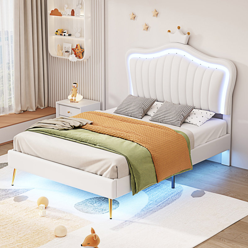 Structure de lit simple tapissier avec lumières à DEL, lit princesse rembourré moderne avec tête de lit couronne