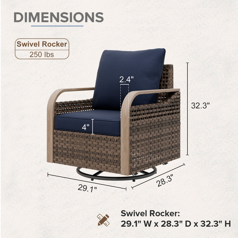 Chaise de patio berçante rotative en osier avec coussins, Bleu très foncé