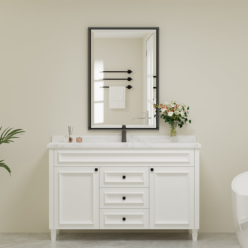 Beveled Design Rectangle Framed Bathroom Vanity Wall Mirror in Matte Black, 36" x 24"