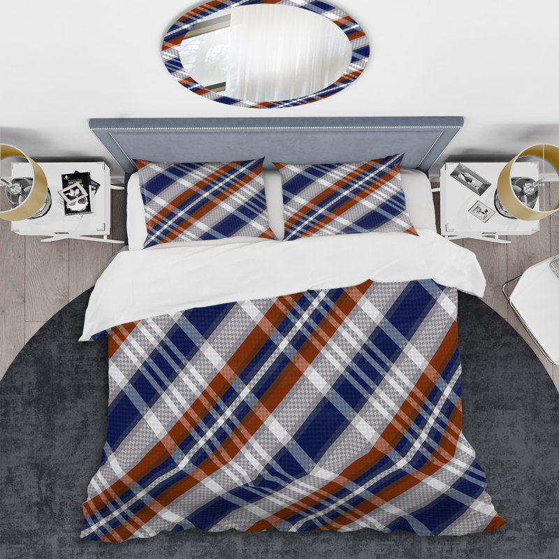 Tartan à carreaux blanc et bleu - Ensemble de housse de couette abstrait - Microfibre de polyester