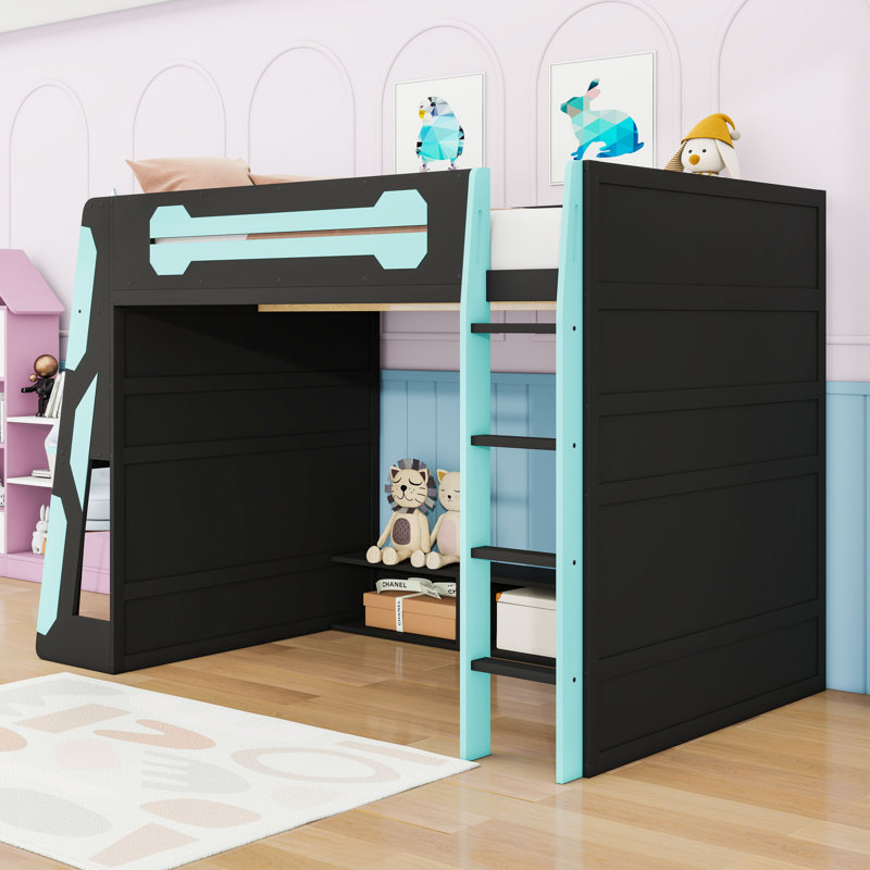 Lit mezzanine double en bois avec bande lumineuse, bureau intégré et tablettes, Noir/bleu nuage