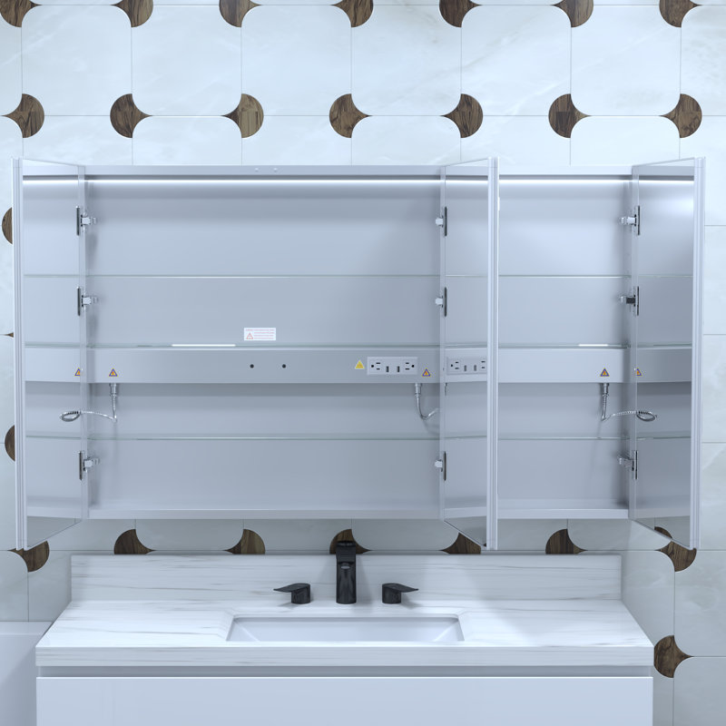 Pharmacie éclairée H 30 po - Cadre en aluminium, à intensité variable / DEL CCT, miroir anti-buée, horloge et thermomètre | Fixation en surface / encastrée, 2 prises + 2 prises USB, tablettes réglables, capteur de lumière intégré