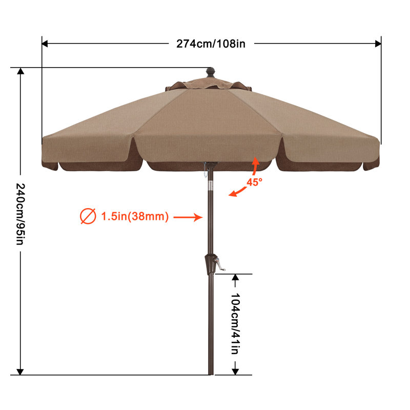 Parasol de marché festonné en oléfine de 2,74 m (9 pi) avec inclinaison et levage à manivelle, Safari kaki