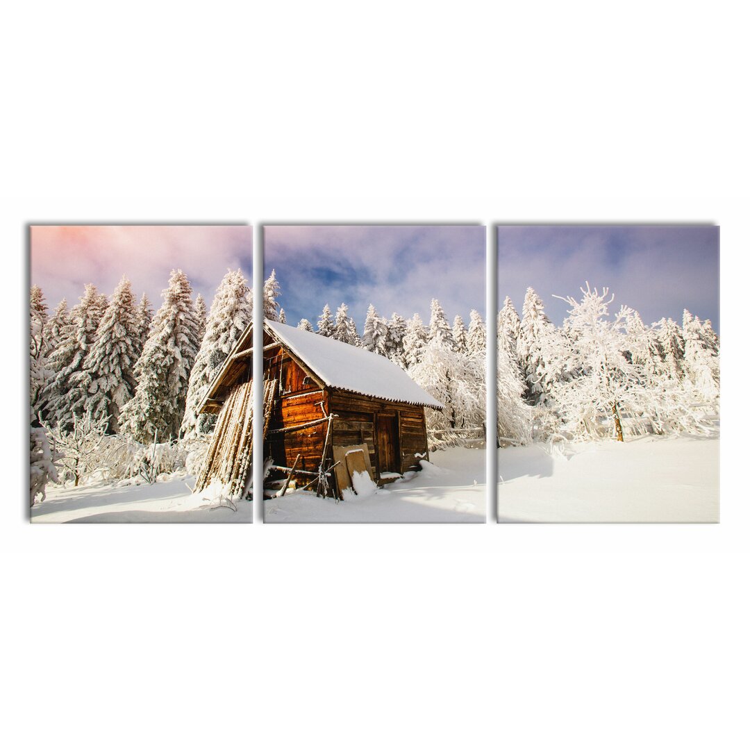 3-tlg. Leinwandbilder-Set Wooden Hut in the Snow