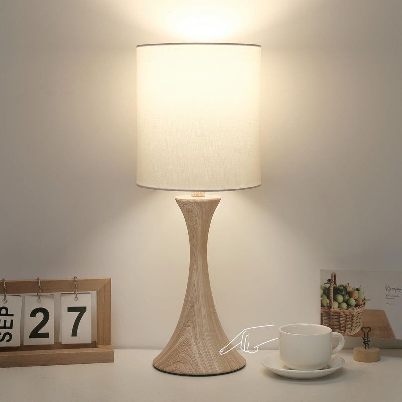 Lampe de bureau moderne à commande tactile en grain de bois avec ampoule DEL à intensité variable à 3 voies