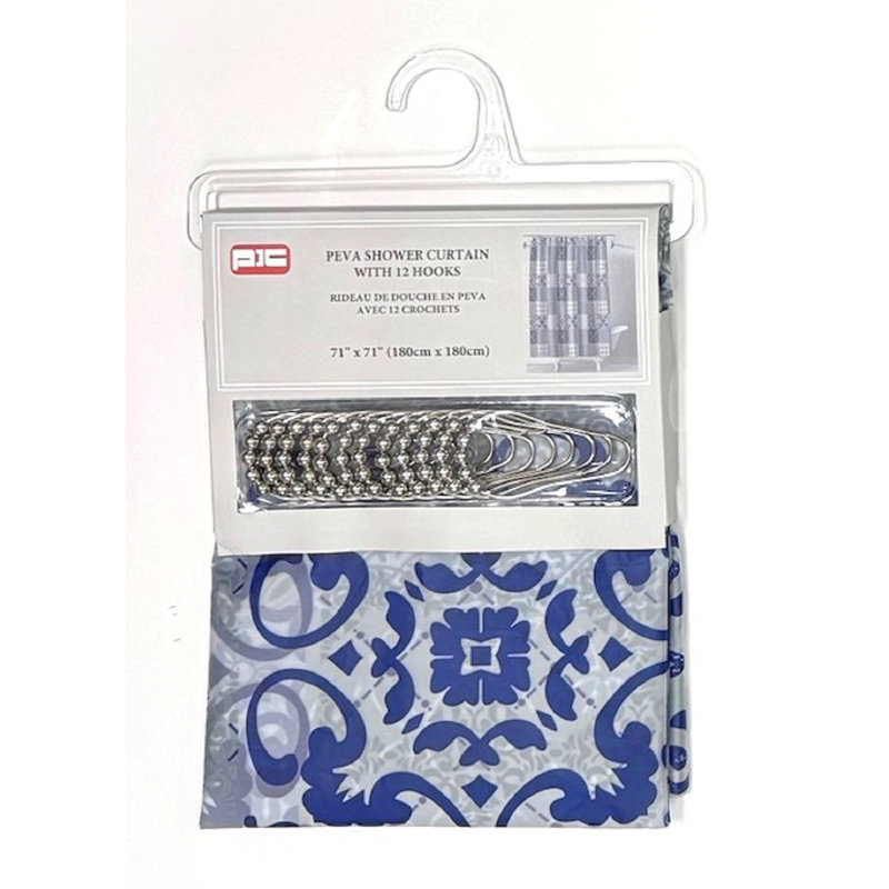 Rideau de douche PEVA + crochets en métal, Formes géométriques bleu marine