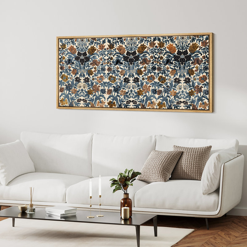 «Blue Brown Classic French Toile Botanicals», impression sur toile encadrée surdimensionnée, H 30 po x l 60 po, Naturel