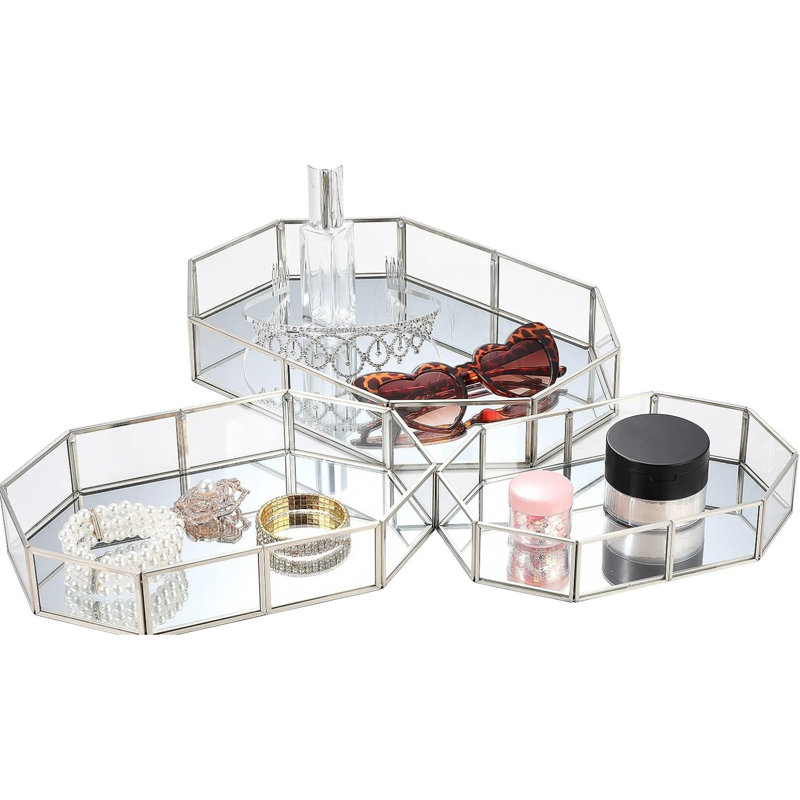 3-piece Silver Mirror Vanity Tray Set