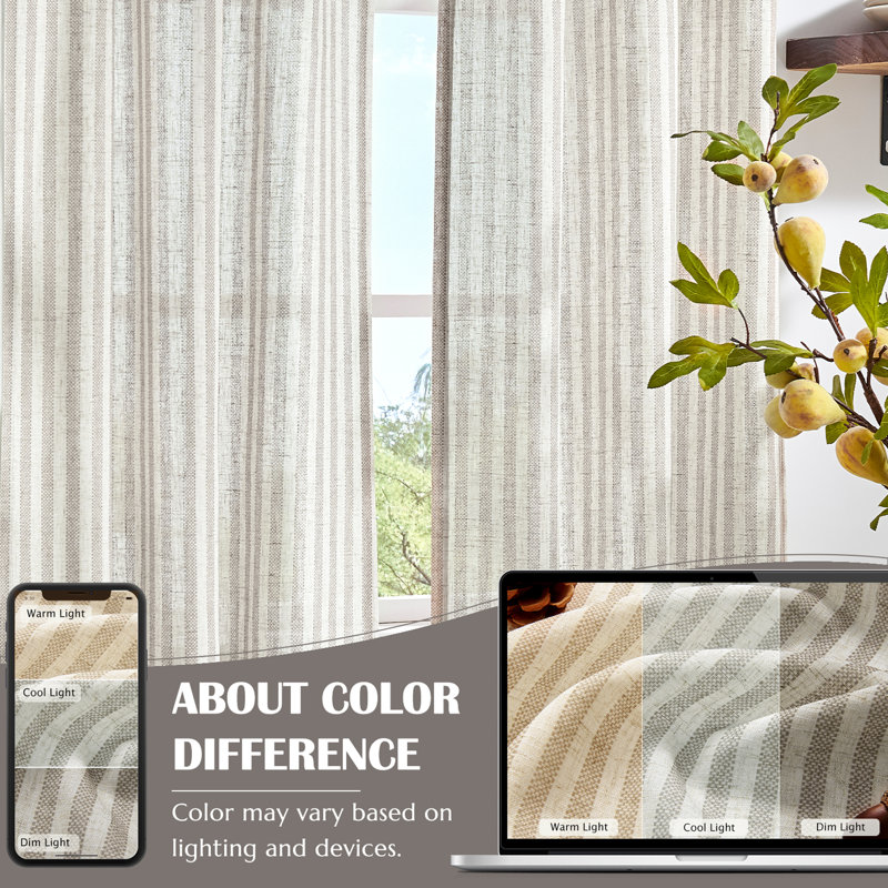 Linen Rod Pocket  Light Filtering Striped Kitchen Cafe Curtains Curtains, 26" W x 24" L, Gray/Beige