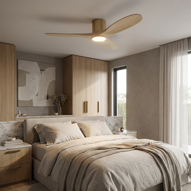 Maverick Smart Hugger LED Ceiling Fan, Washed White Oak, 52" Wide, Burnished Brass