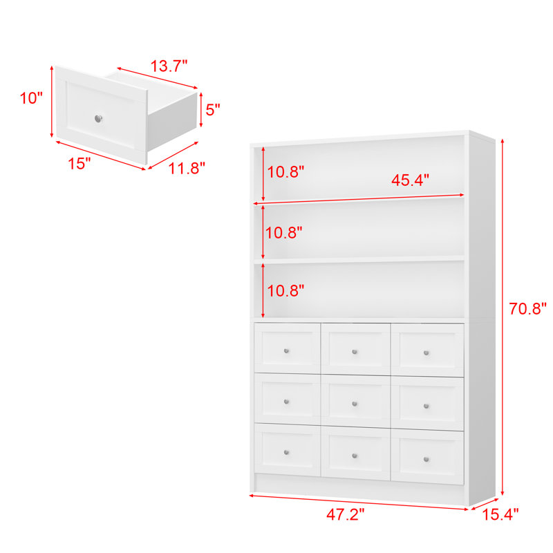 71'' H X 47'' W 9-Drawer White Bookcase With 3-Layer Shelf