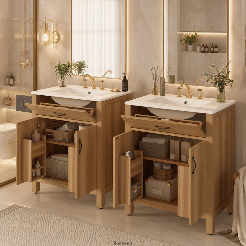 Meuble-lavabo de salle de bain en bois massif de 152 cm (60 pouces), avec cadre en bois massif, 4 portes à fermeture amortie, 2 tiroirs à charnières et tablette réglable.