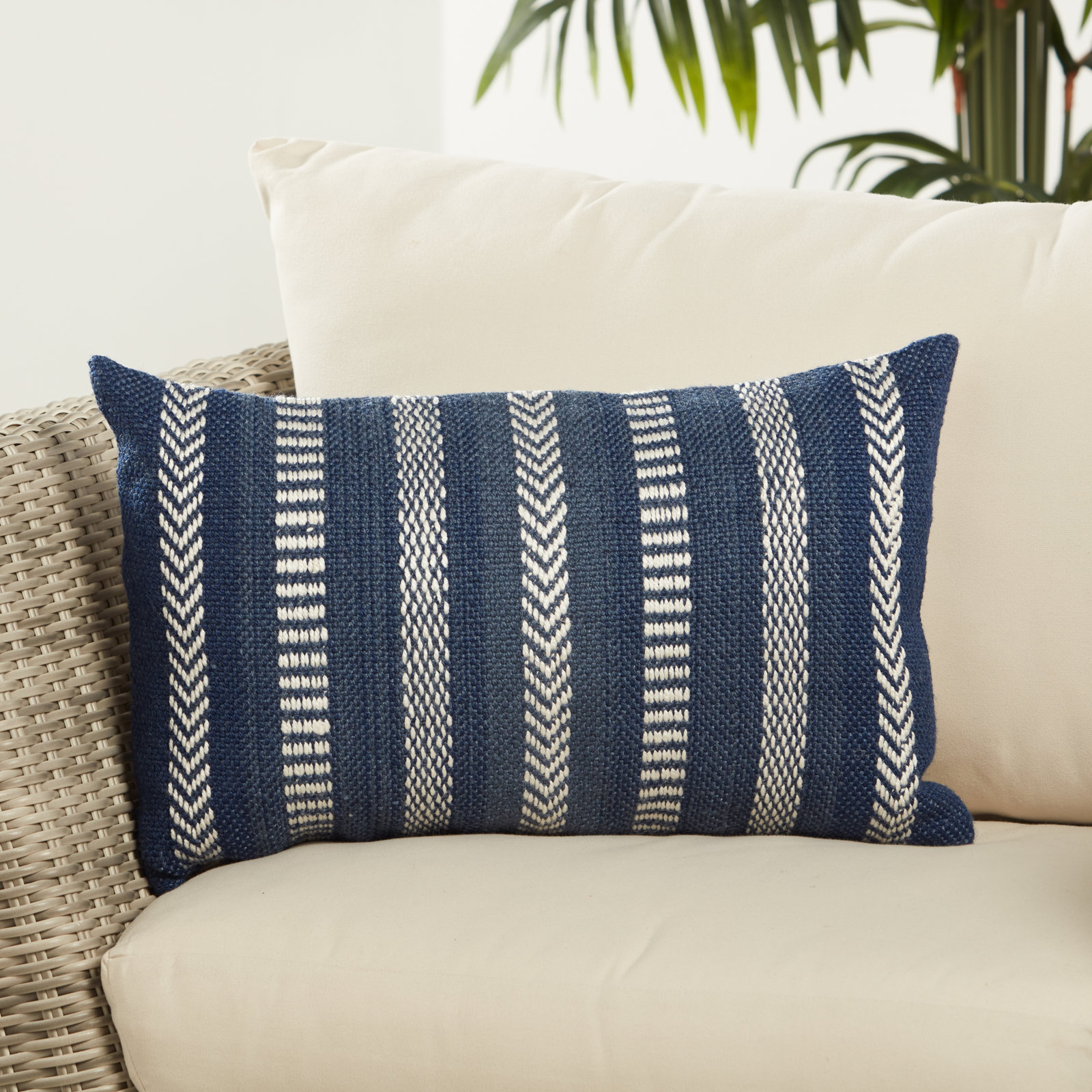 Positano 21" x 13" Embroidered Pillow Cover, Blue/Ivory, Polyester/Polyfill