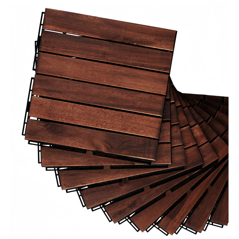 Carreaux de terrasse en bois de style rayé 12 po x 12 po intérieur et extérieur, 10 pièces, Marron foncé