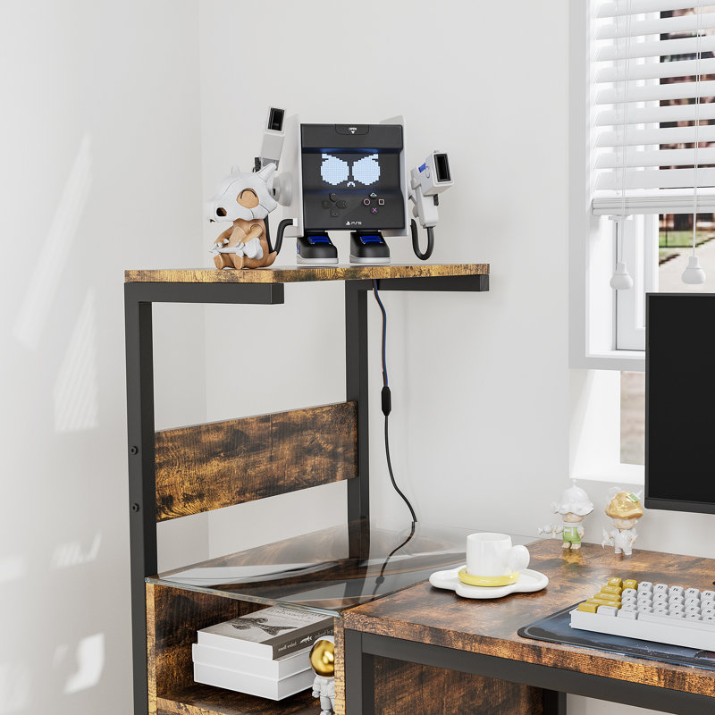 Brown Computer Desk With Power Outlet & Storage, Brown/Black