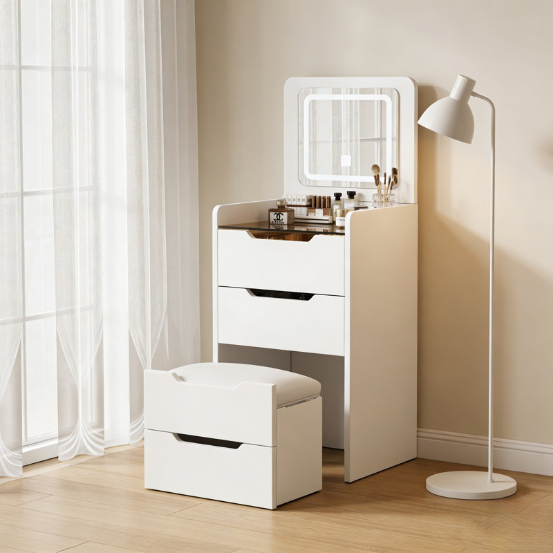 48CM 3-In-1 Vanity Desk With Flip-Top Mirror, Compact Makeup Vanity With Glass Desktop & 3 Drawers, Small Dressing Table For Bedroom & Small Space