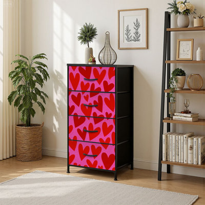 4 Drawer Vertical Storage Dresser Red love heart Cute romantic pink hearts print with Wood Top Fabric Pull Drawers by Ebern Designs