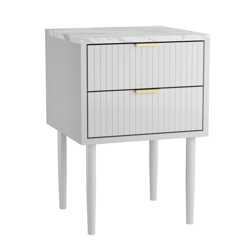 Azeez 2 Drawer Bedside Table, White Marble