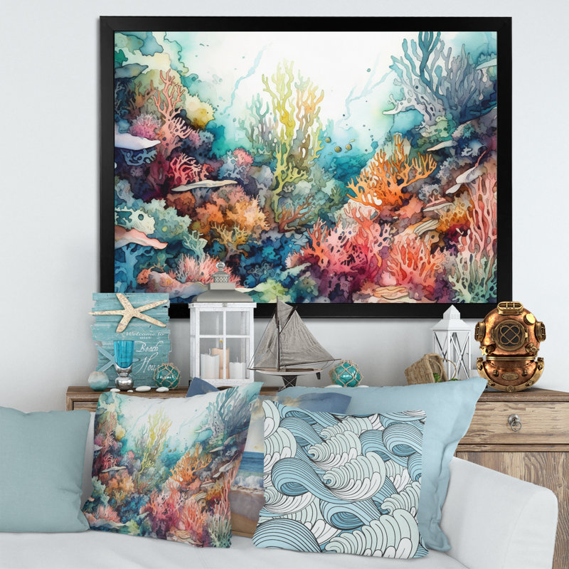 «Vibrant Coral Reef III - Modern Beach», art mural, Cadre noir, H 16 po x l 32 po x P 1 po