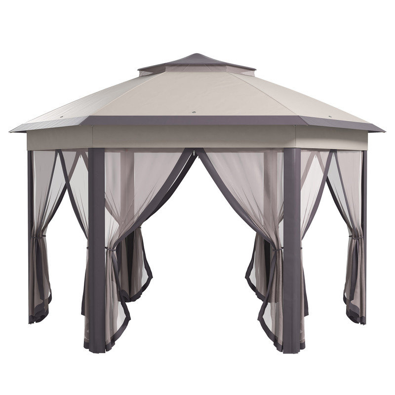Hexagon Pop-Up Gazebo with Double Vented Roof, Mosquito Netting and Carry Bag for Outdoor Patio, Backyard and Garden Use, Beige