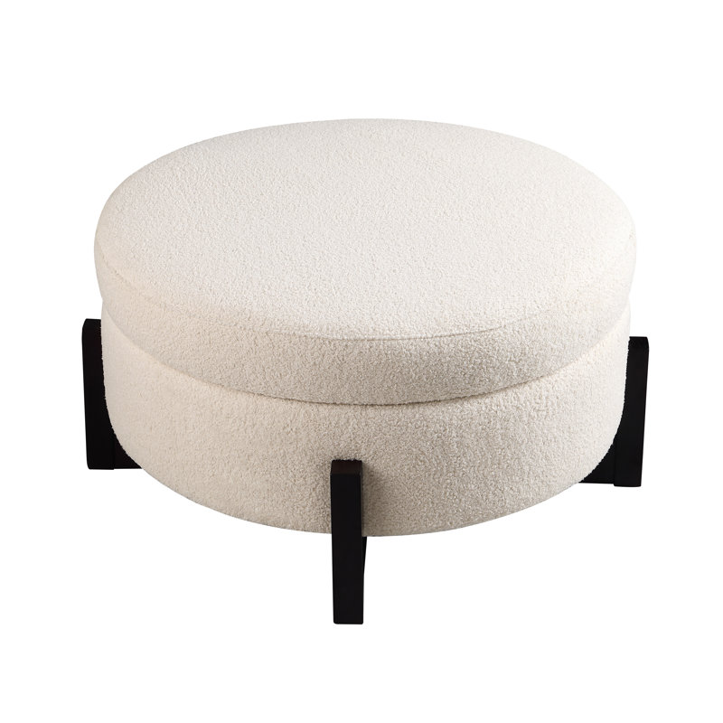 Repose-pieds rond élégant avec rangement à l'intérieur, pieds pliables en chêne, beige.