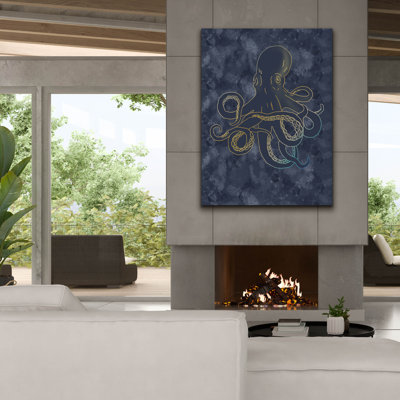  «Sealife Blue and Gold Giant Octopus» par Sabrina Balbuena, art mural sur toile, 40 po x 54 po