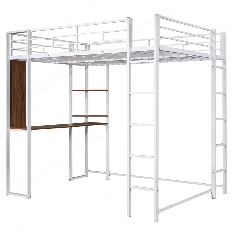 Lit mezzanine en métal avec 2 tablettes et 1 bureau, Lit double, Blanc