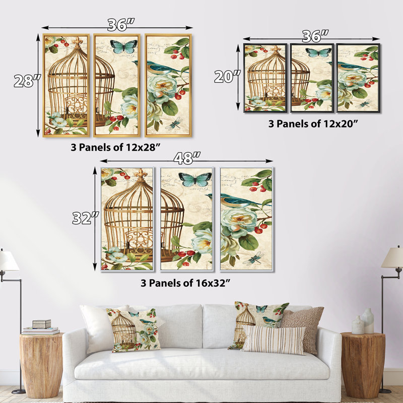 Oiseau de chalet bleu, cage à oiseaux et fleurs de pommier I, 28" H x 36" W x 1" D, Cadre brun