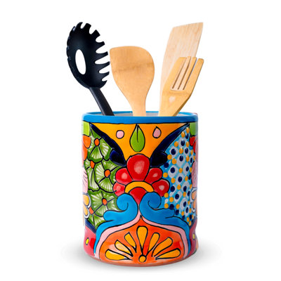 Porte-ustensiles, cuillère faite à la main, cuillère peinte à la main par des artisans, finition émaillée, peut contenir des spatules, des louches et des fouets, un accent de cuisine vibrant (turquoise)