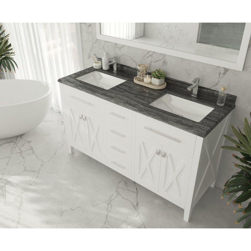 Vitiello 60'' Double Bathroom Vanity with Marble Top, White, Black Wood