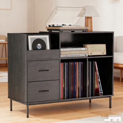 Record Player Stand With Power Outlet & Flip-down Lid, Turntable Table With Storage For 300+ Vinyls, Black Wood Grain Media Console With 2 Drawers, 27.6" With Dust Protection, Some Assembly Required,black