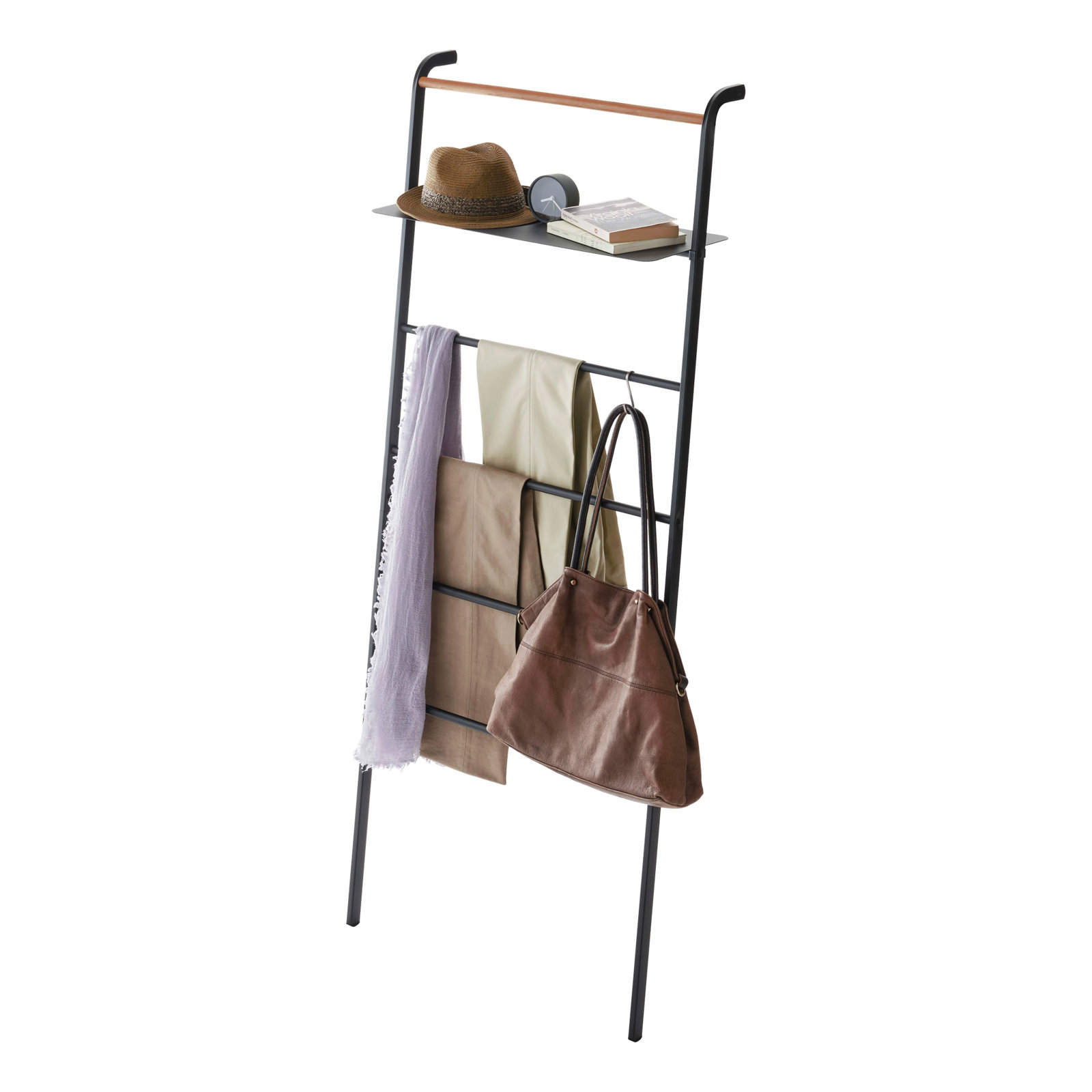 Leaning Blanket Ladder with Shelf, Black