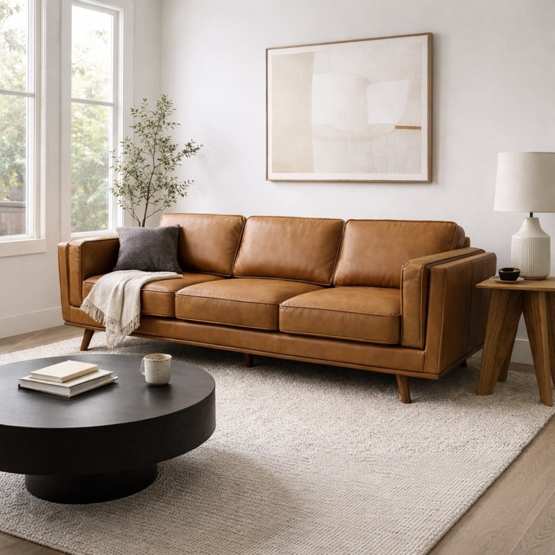 Freiro 90.4'' Leather Sofa, Tan Brown Genuine Leather