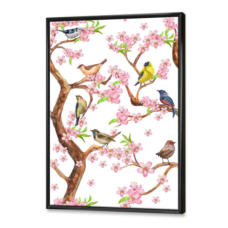 «Colorful Little Birds on Spring Flow», impression sur toile, Cadre noir, H 32 po x l 16 po x P 1 po