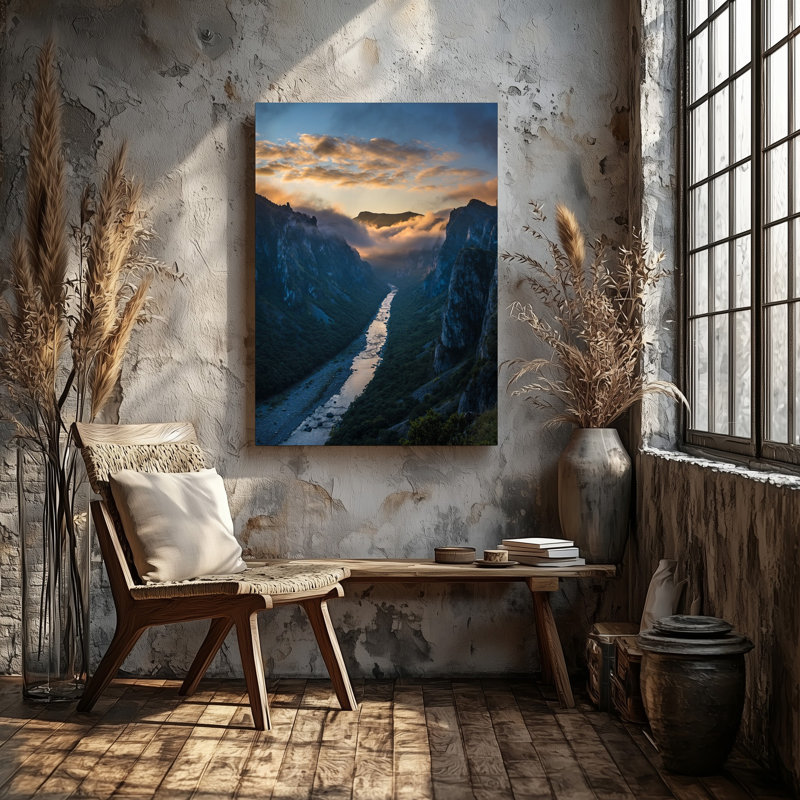 Toile, "Un paysage à couper le souffle à l'aube", art mural sur une rivière étroite, H 12 po x l 9 po
