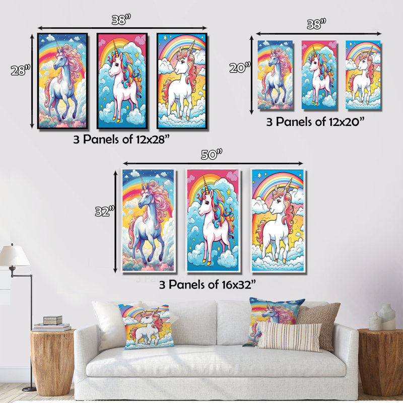 «Cute Unicorn And Rainbow II», 3 pièces sur toile, Cadre blanc, H 32 po x l 48 po