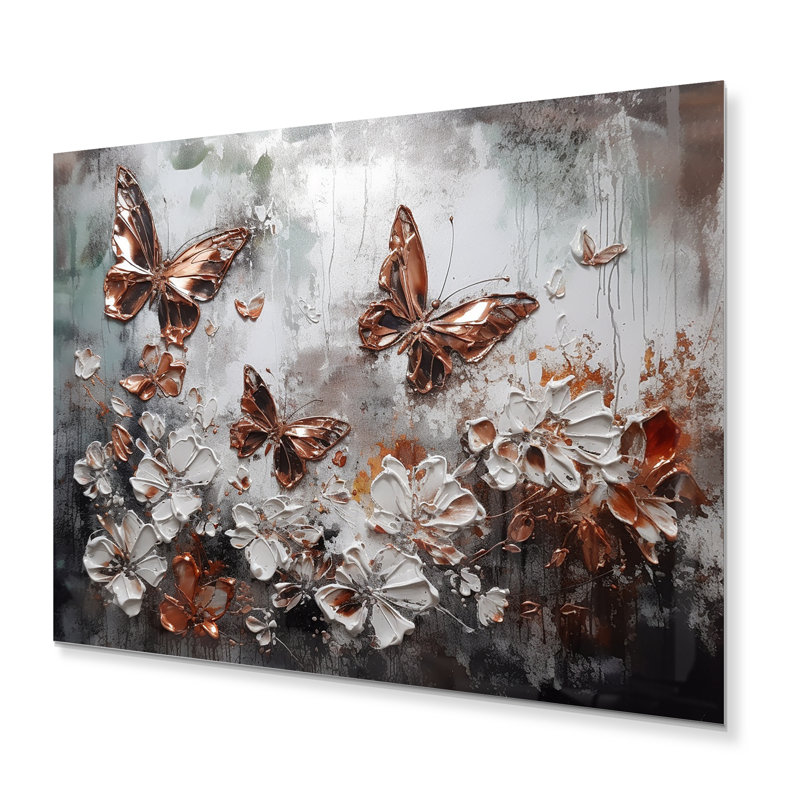 Ailes de papillon rose doré et fleurs IV sur impression métallique, H 12 po x l 20 po x P 1 po