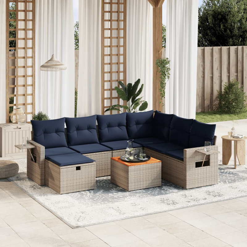 Ensemble de canapé de patio 8 pièces avec coussins en rotin de polyester, Gris, Marine